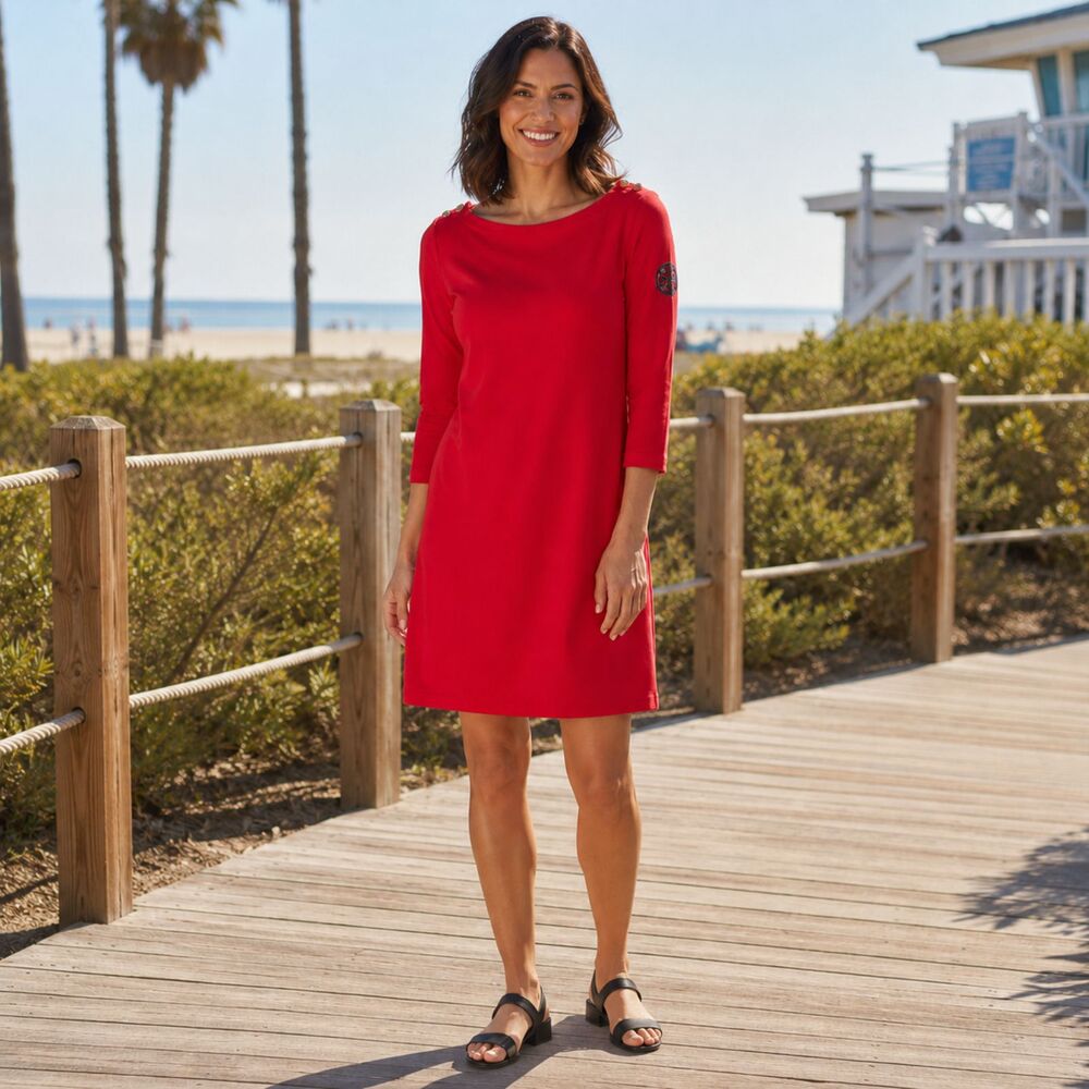 Tory Burch Gigi Red Cotton Shift Dress Logo Buttons Size Small T-Shirt Dress